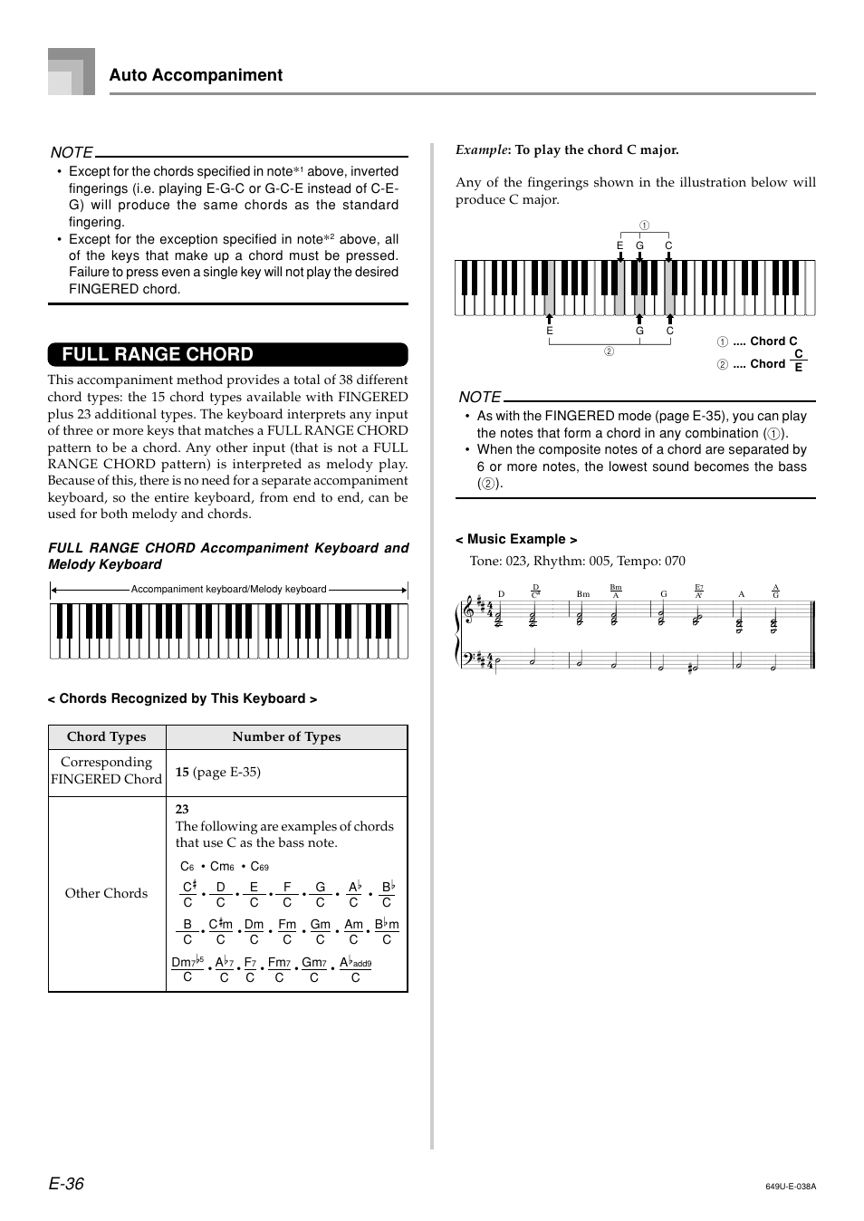 Full range chord, E-36, Auto accompaniment | Radio Shack LK-1500 User Manual | Page 38 / 80