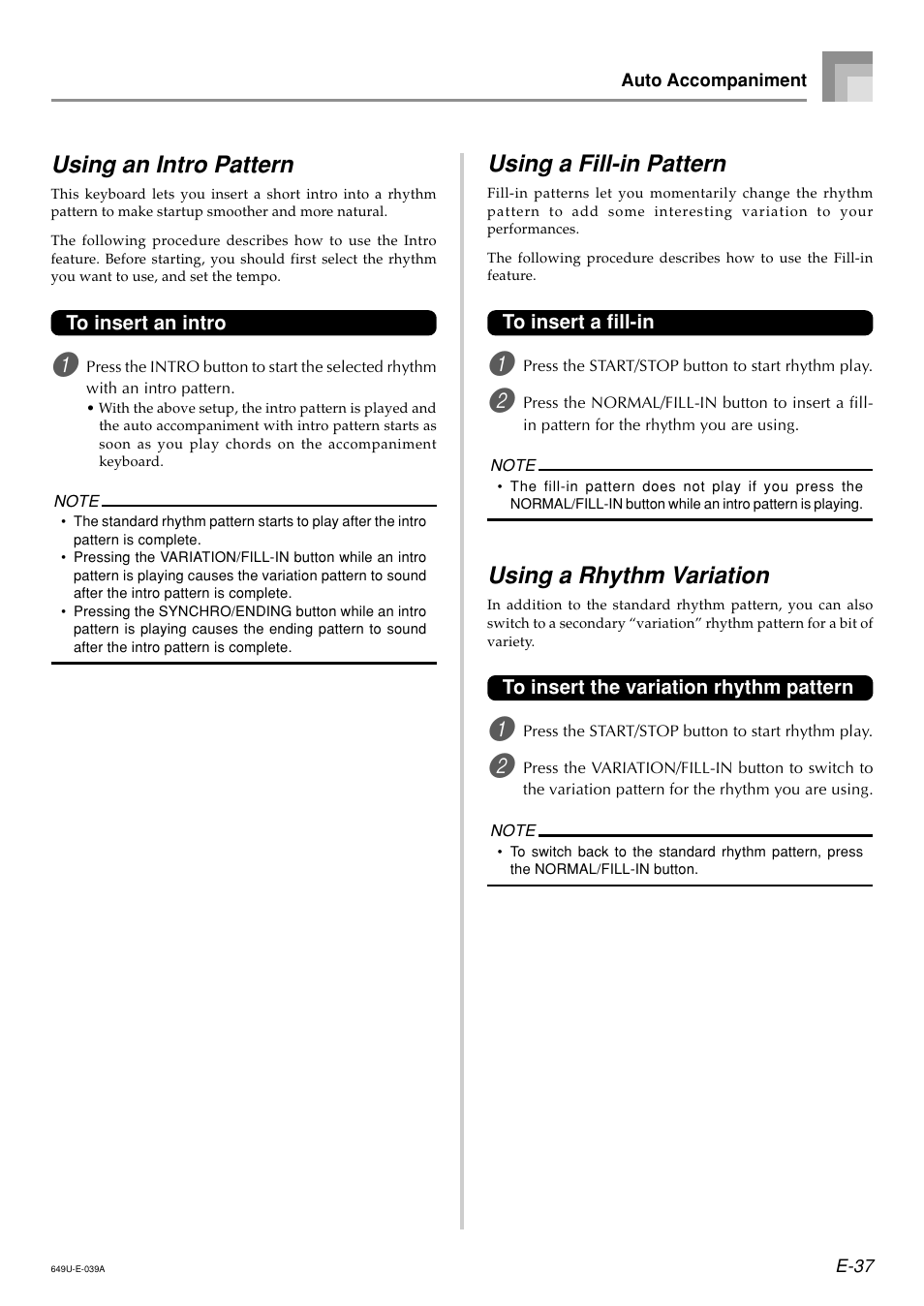 Using an intro pattern, Using a fill-in pattern, Using a rhythm variation | Radio Shack LK-1500 User Manual | Page 39 / 80