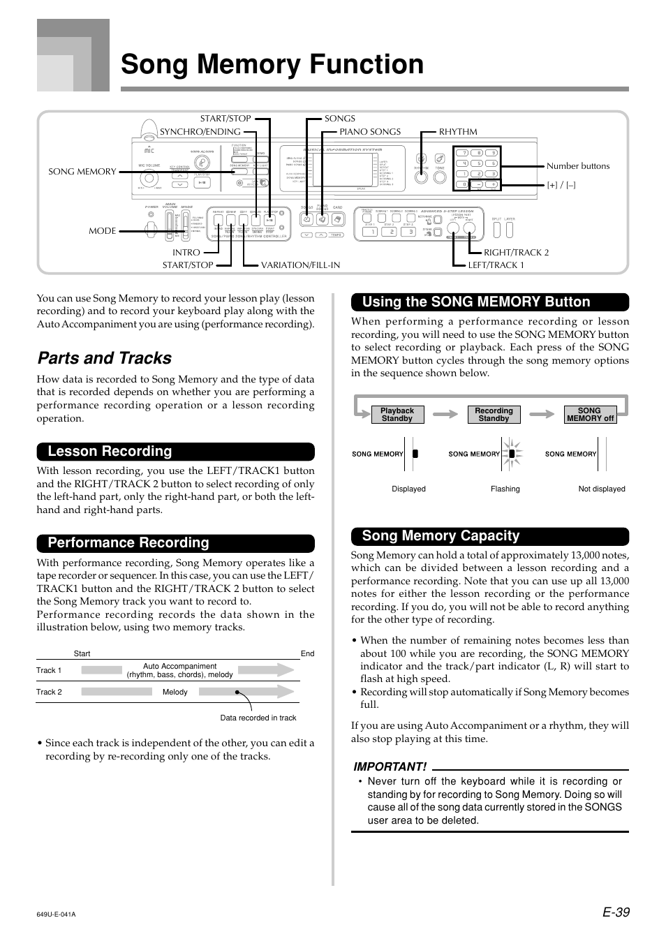 Parts and tracks, Lesson recording, Performance recording | E-39 | Radio Shack LK-1500 User Manual | Page 41 / 80