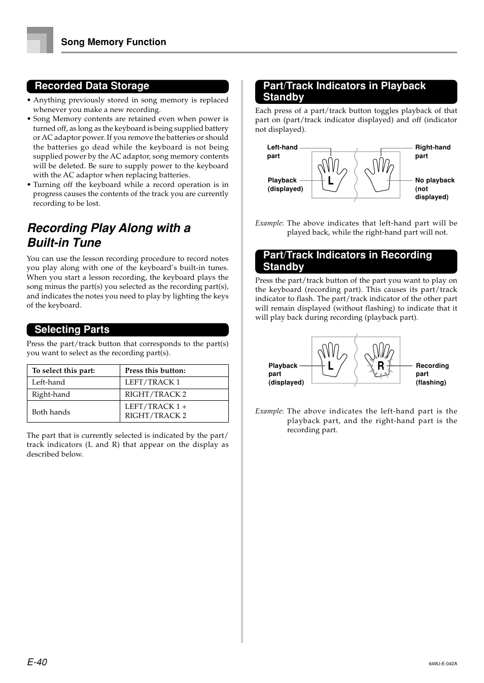 Recording play along with a built-in tune, Recorded data storage, Selecting parts | Part/track indicators in playback standby, Part/track indicators in recording standby | Radio Shack LK-1500 User Manual | Page 42 / 80