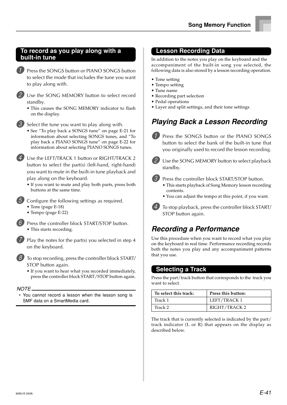 Playing back a lesson recording, Recording a performance | Radio Shack LK-1500 User Manual | Page 43 / 80