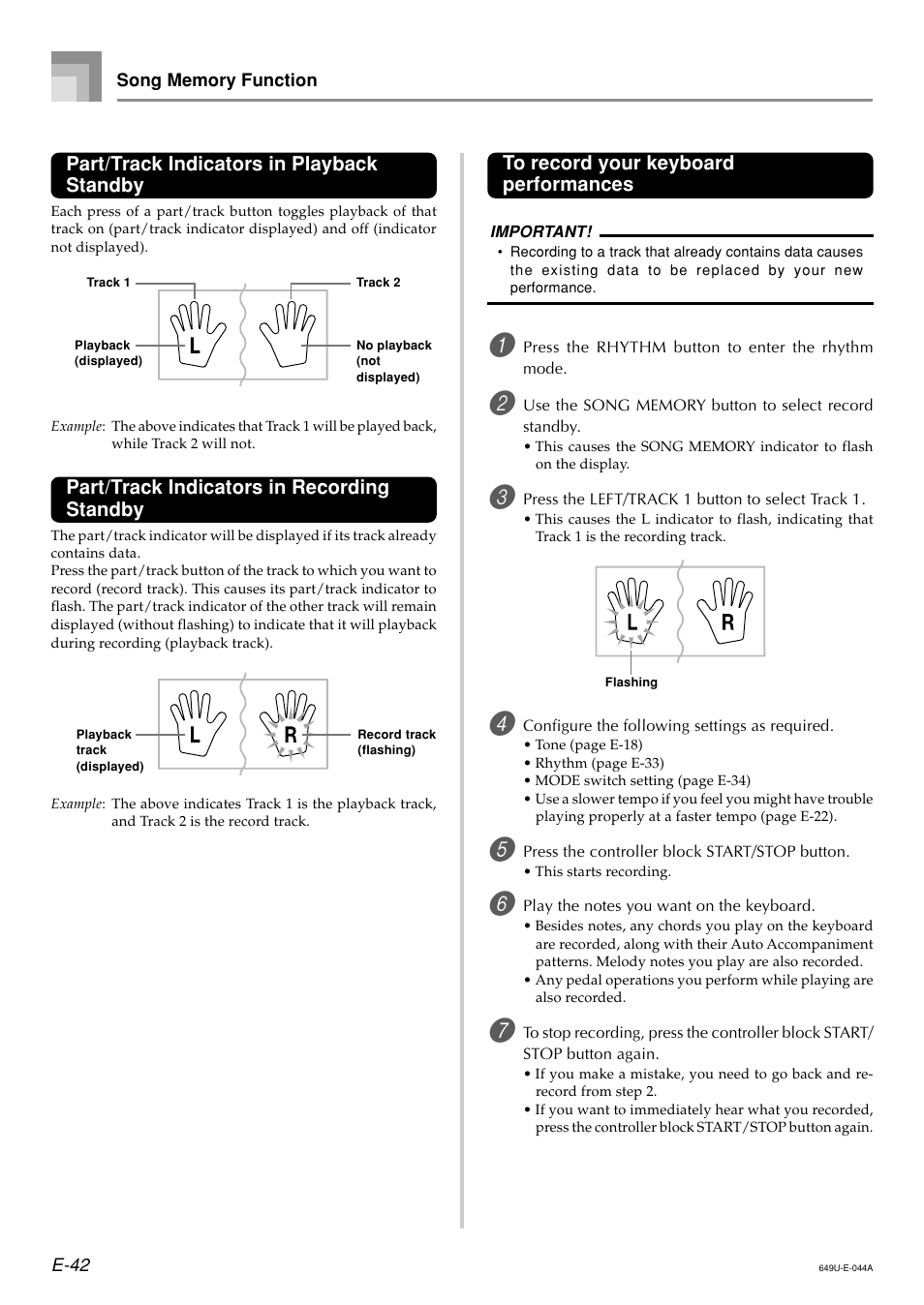 Part/track indicators in playback standby, Part/track indicators in recording standby | Radio Shack LK-1500 User Manual | Page 44 / 80