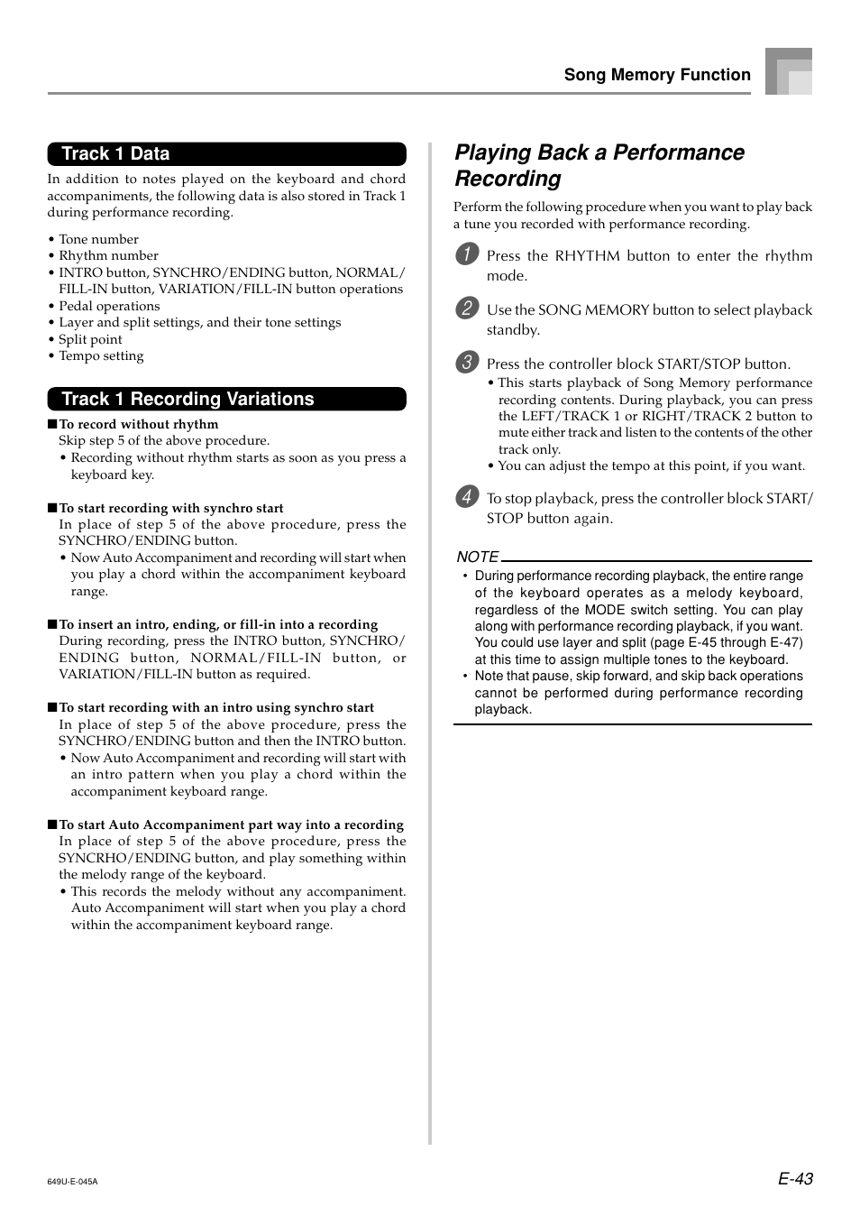 Playing back a performance recording, Track 1 data, Track 1 recording variations | Radio Shack LK-1500 User Manual | Page 45 / 80