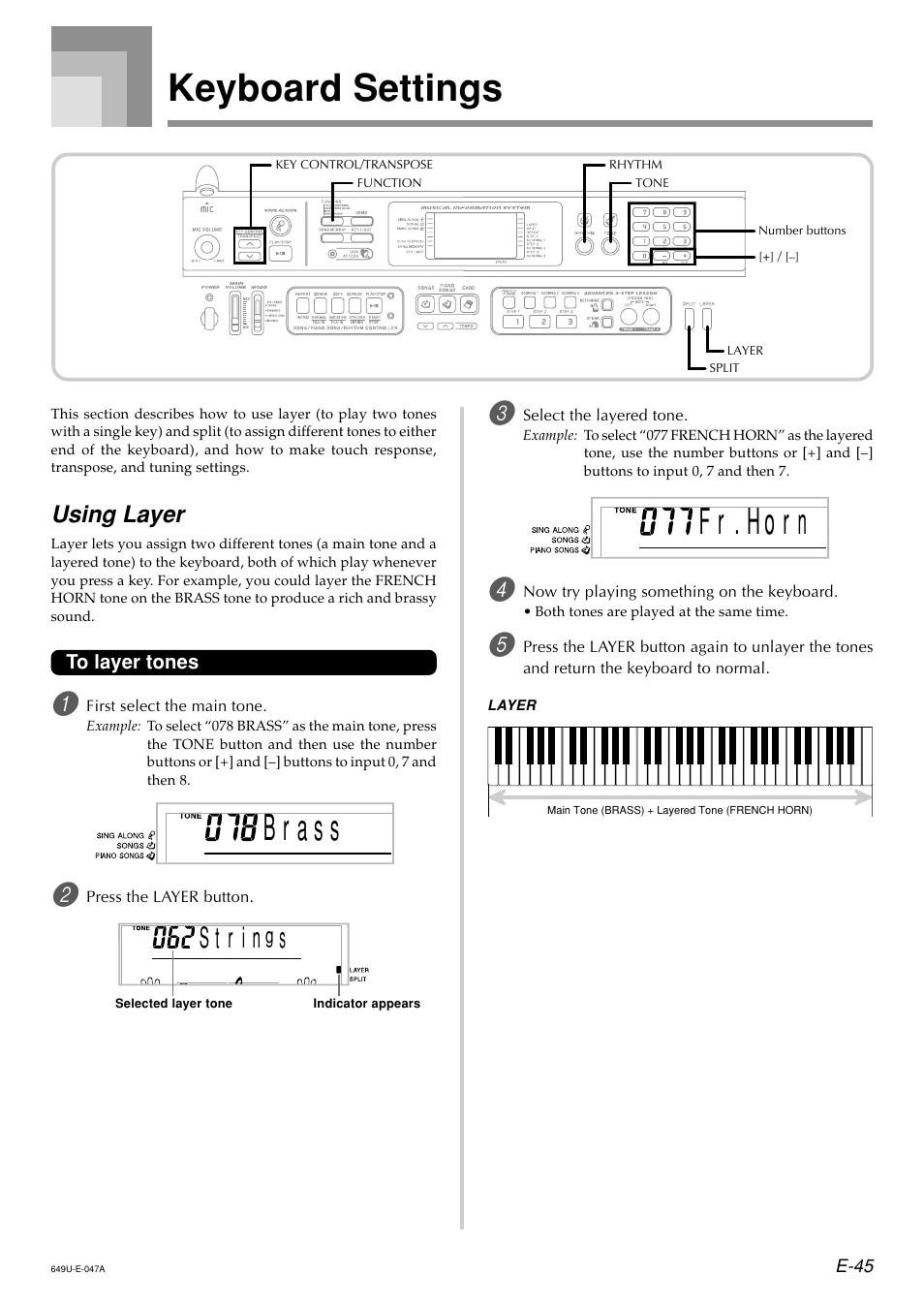 Keyboard settings, F r r . h o n, Using layer | Radio Shack LK-1500 User Manual | Page 47 / 80