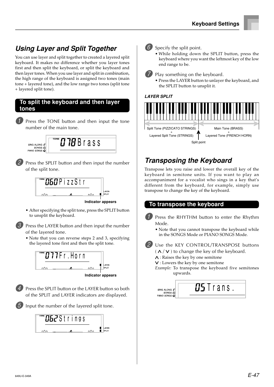 F r r . h o n, Transposing the keyboard, Using layer and split together | Radio Shack LK-1500 User Manual | Page 49 / 80