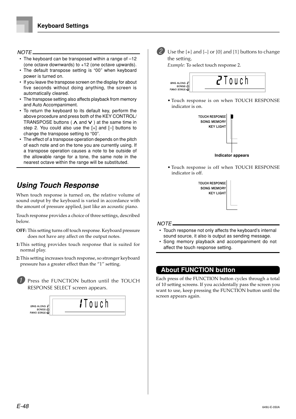 Using touch response, About function button | Radio Shack LK-1500 User Manual | Page 50 / 80
