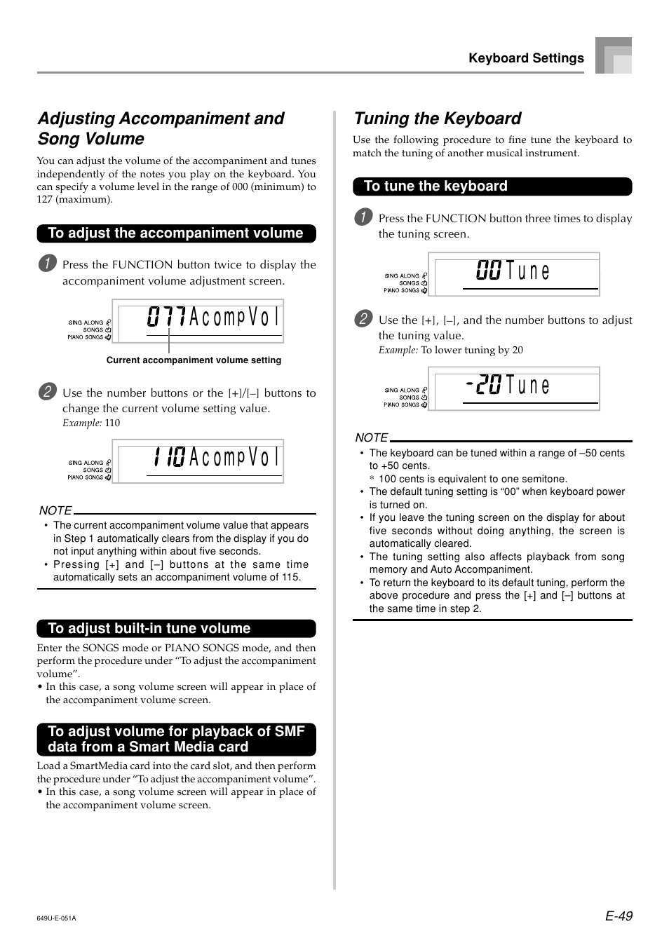 T u n e, Adjusting accompaniment and song volume, Tuning the keyboard | Radio Shack LK-1500 User Manual | Page 51 / 80