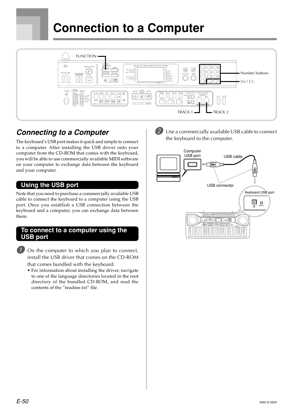 Connection to a computer, Connecting to a computer, Using the usb port | Radio Shack LK-1500 User Manual | Page 52 / 80