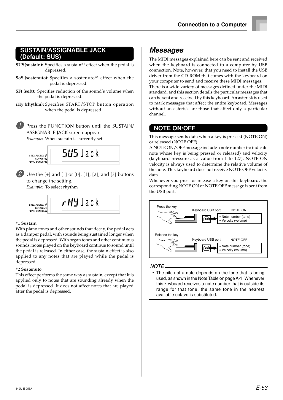 J a c k, Messages, Sustain/assignable jack (default: sus) | Radio Shack LK-1500 User Manual | Page 55 / 80