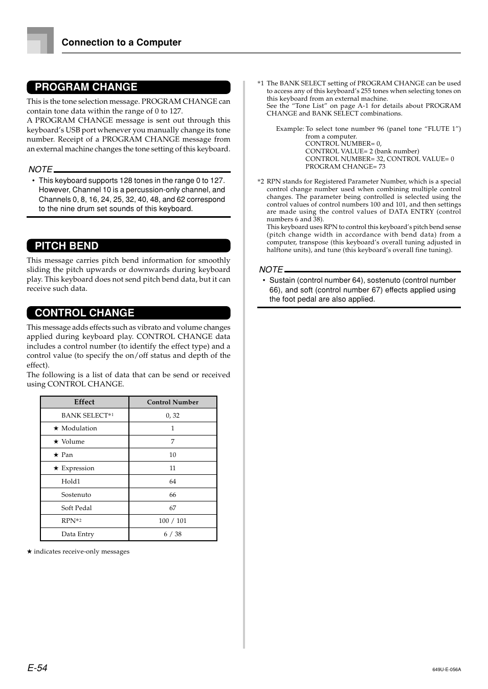 Program change, Pitch bend, Control change | E-54 connection to a computer | Radio Shack LK-1500 User Manual | Page 56 / 80