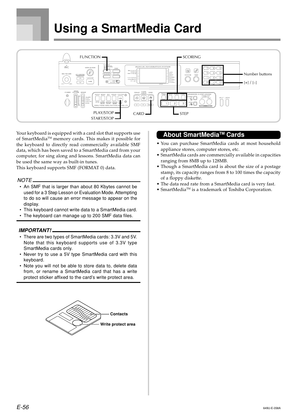 Using a smartmedia card, About smartmedia, Cards | E-56 | Radio Shack LK-1500 User Manual | Page 58 / 80