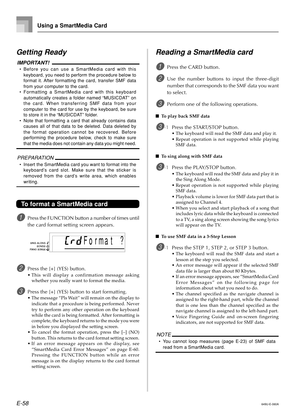 F o r ma t, Reading a smartmedia card, Getting ready | Radio Shack LK-1500 User Manual | Page 60 / 80