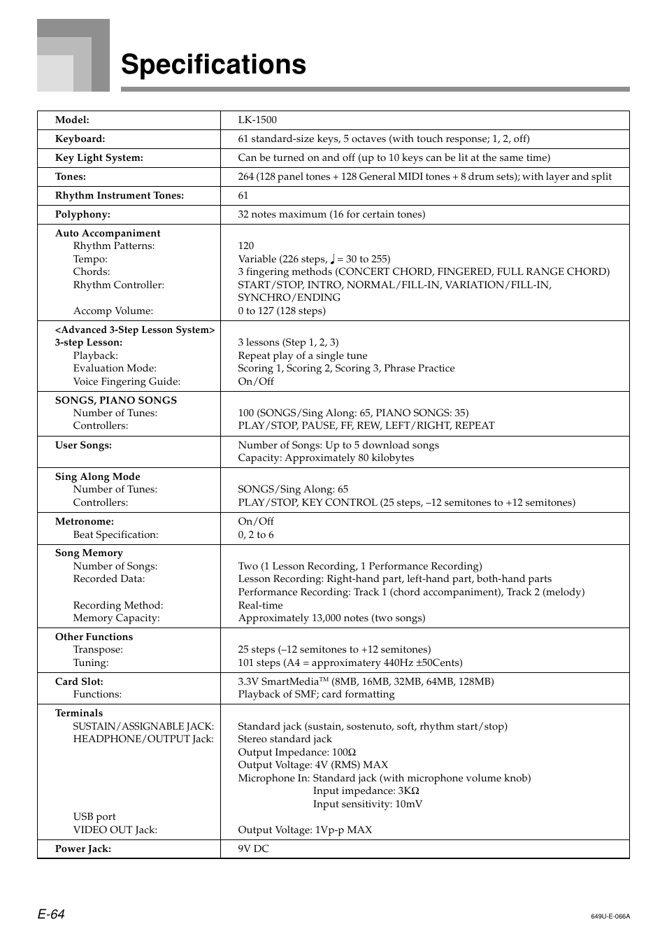 Specifications, E-64 | Radio Shack LK-1500 User Manual | Page 66 / 80