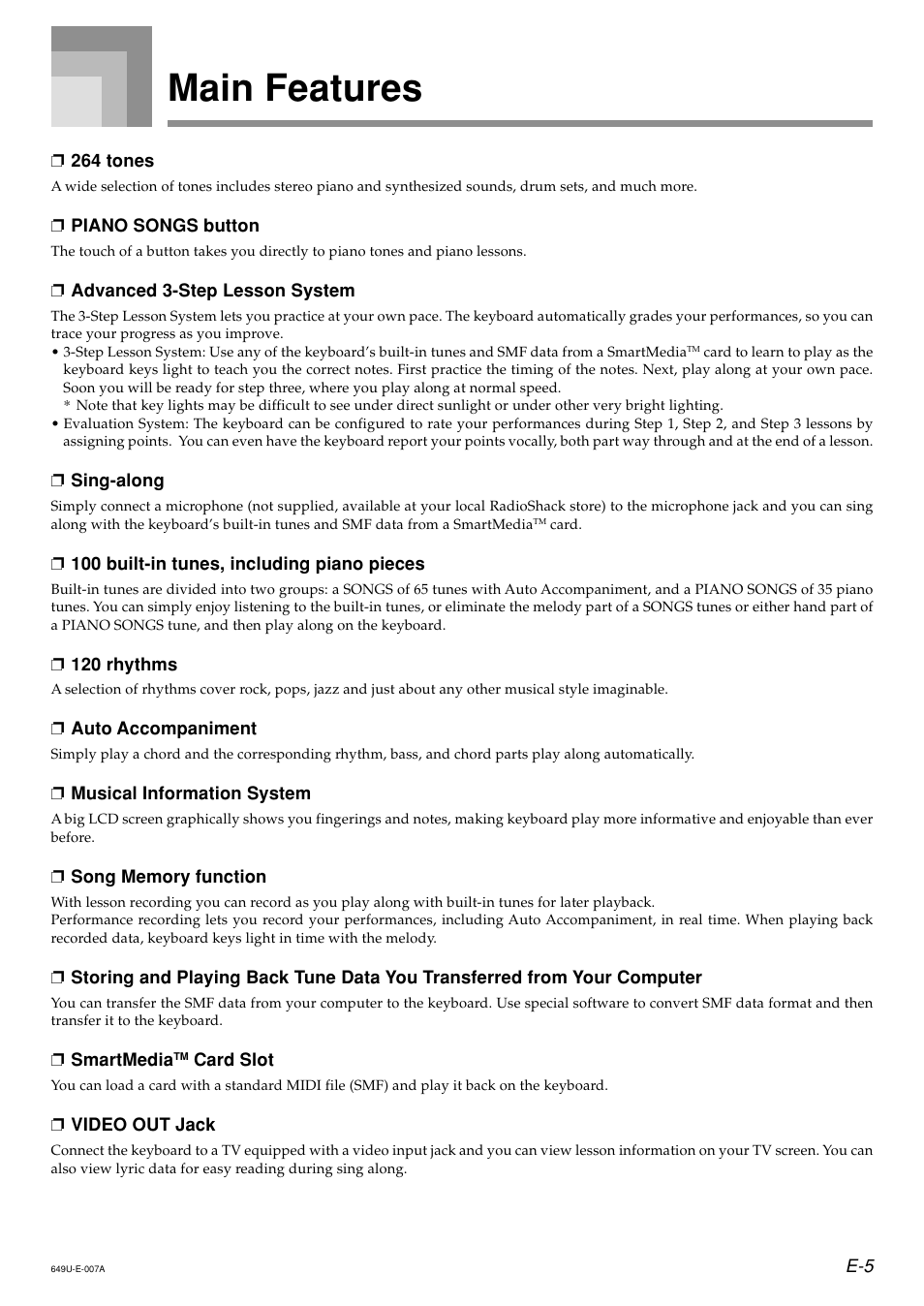 Main features | Radio Shack LK-1500 User Manual | Page 7 / 80