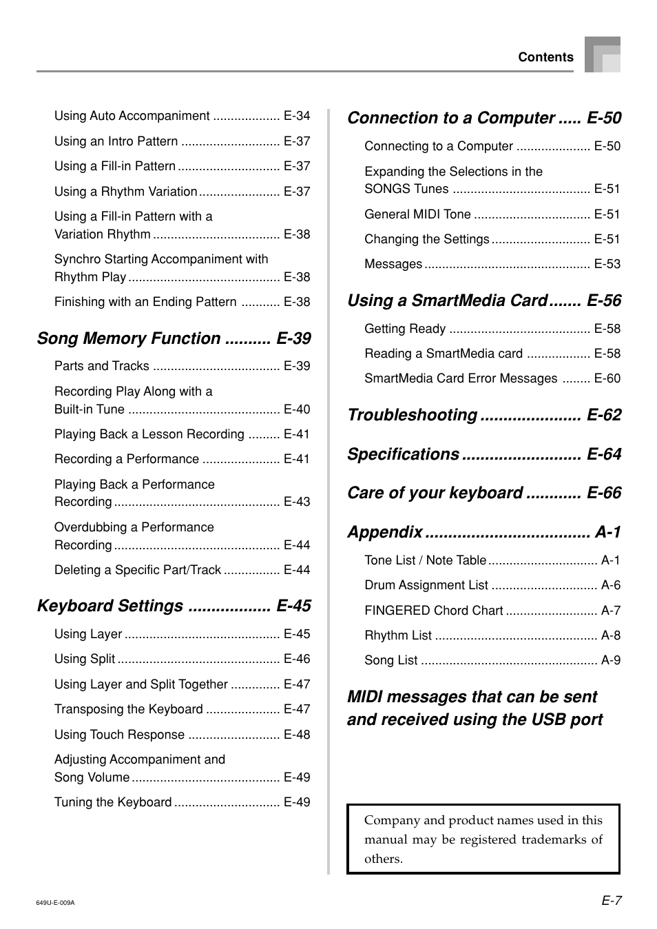 Keyboard settings .................. e-45, Connection to a computer ..... e-50, Using a smartmedia card ....... e-56 | Radio Shack LK-1500 User Manual | Page 9 / 80