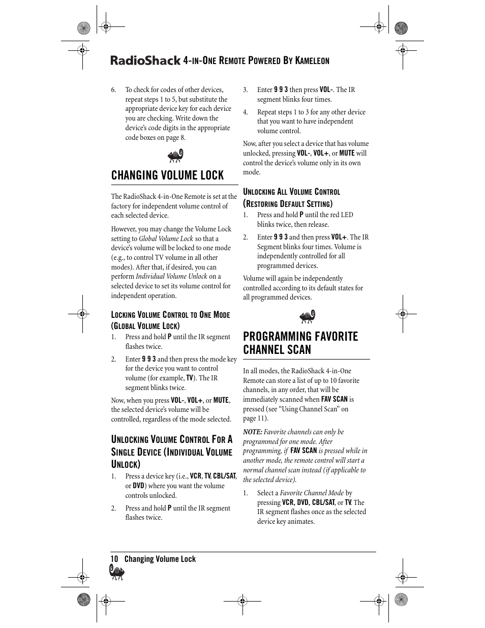 Changing volume lock, Programming favorite channel scan | Radio Shack Kameleon 4-in-One User Manual | Page 10 / 58