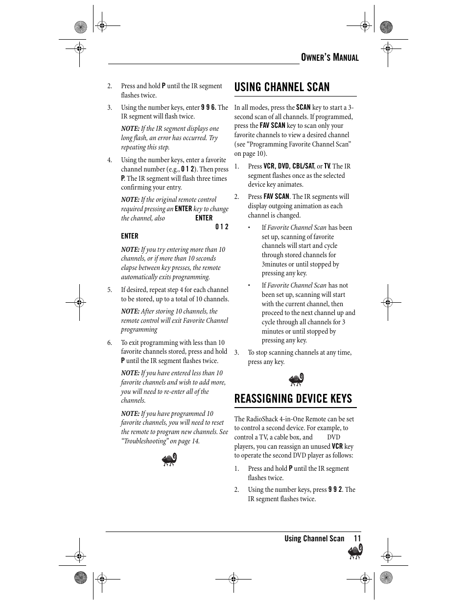 Using channel scan, Reassigning device keys | Radio Shack Kameleon 4-in-One User Manual | Page 11 / 58