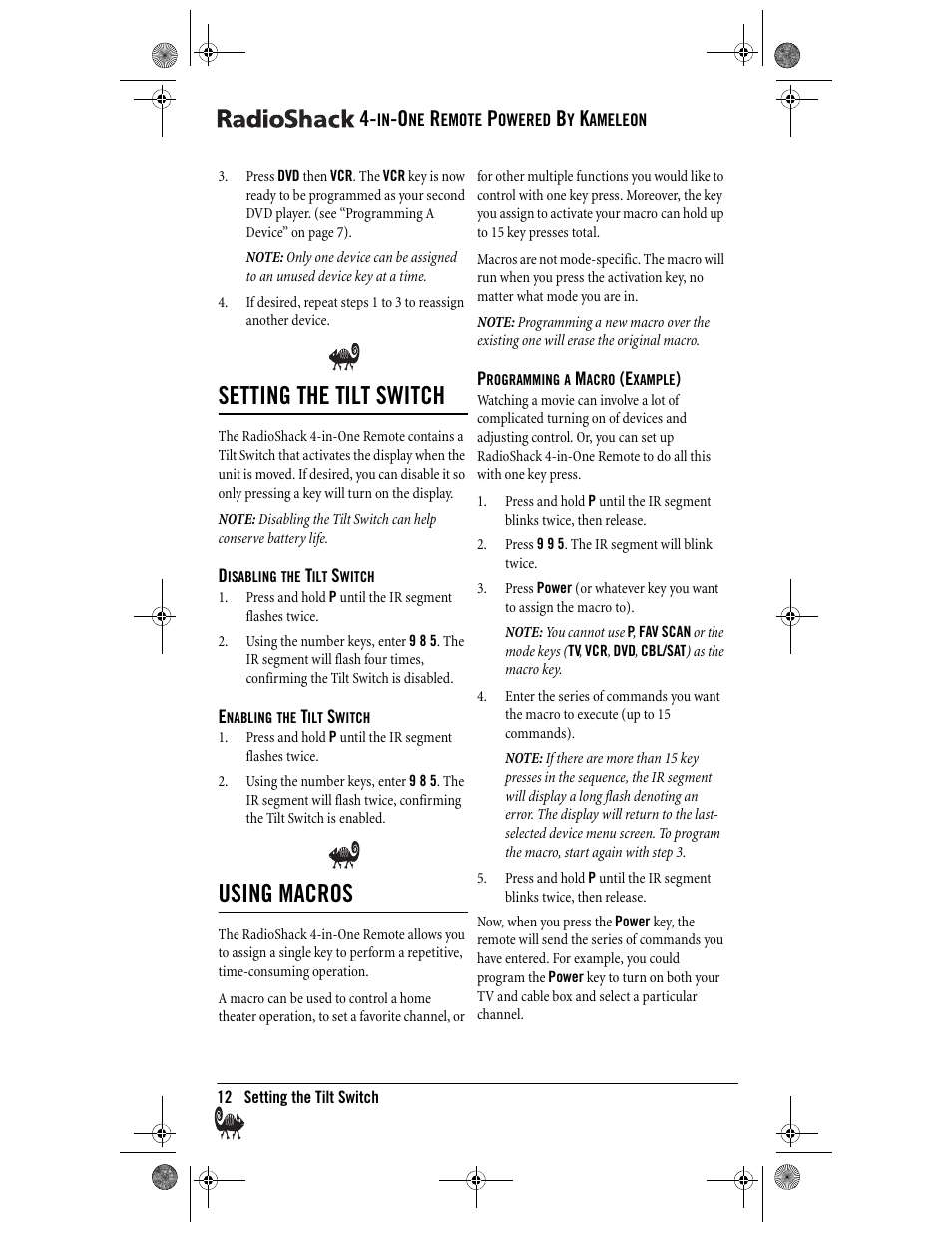 Setting the tilt switch, Using macros | Radio Shack Kameleon 4-in-One User Manual | Page 12 / 58