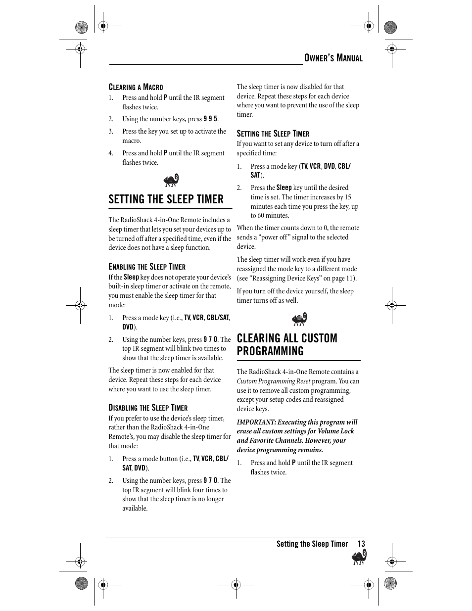Setting the sleep timer, Clearing all custom programming | Radio Shack Kameleon 4-in-One User Manual | Page 13 / 58
