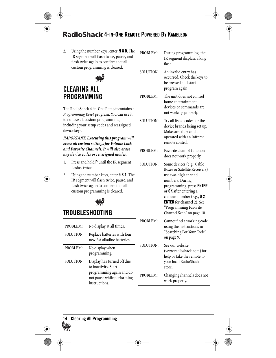 Clearing all programming, Troubleshooting | Radio Shack Kameleon 4-in-One User Manual | Page 14 / 58