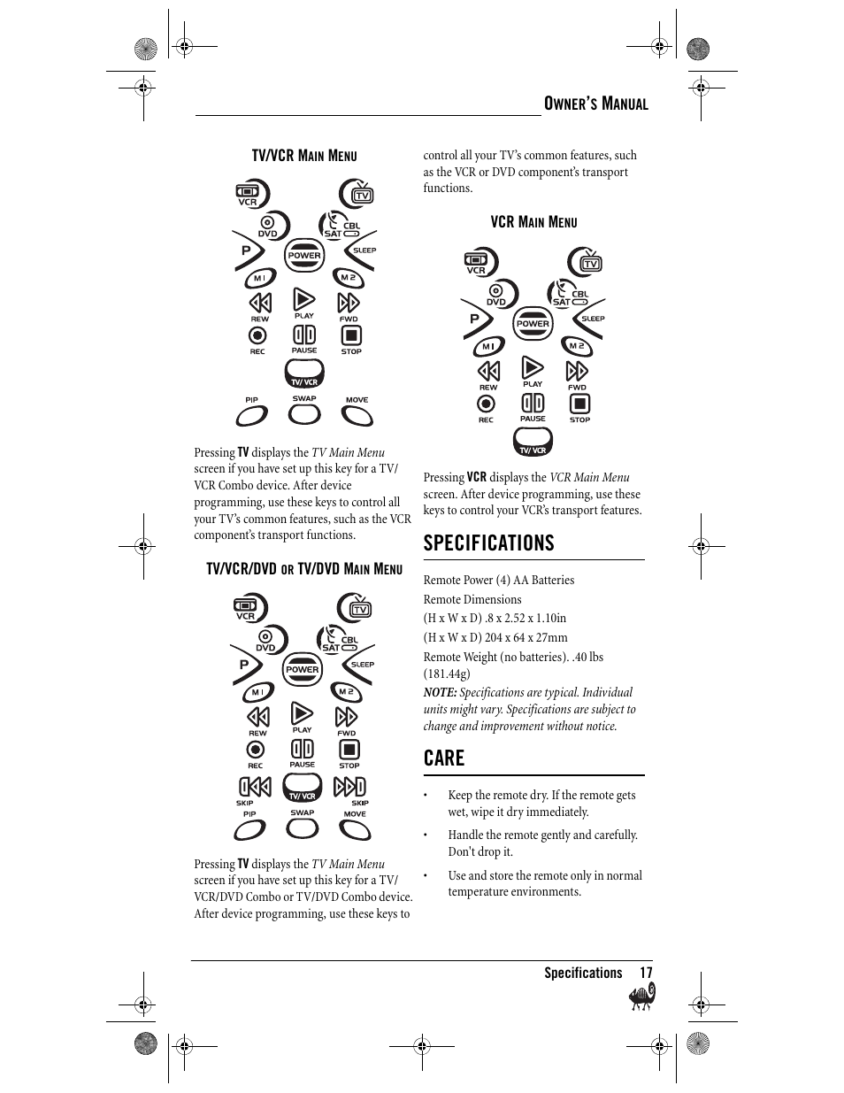 Specifications, Care | Radio Shack Kameleon 4-in-One User Manual | Page 17 / 58