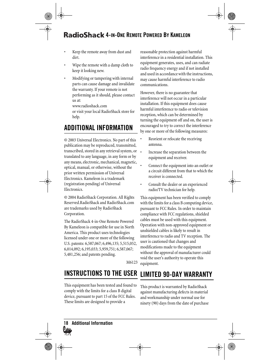 Additional information, Instructions to the user, Limited 90-day warranty | Radio Shack Kameleon 4-in-One User Manual | Page 18 / 58