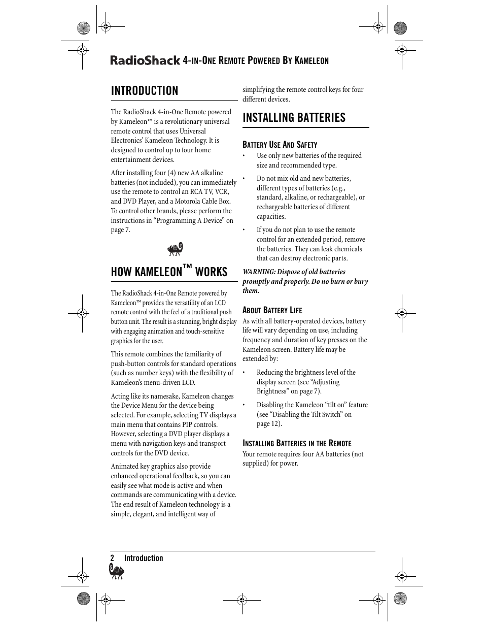 Introduction, How kameleon, Works | Installing batteries | Radio Shack Kameleon 4-in-One User Manual | Page 2 / 58