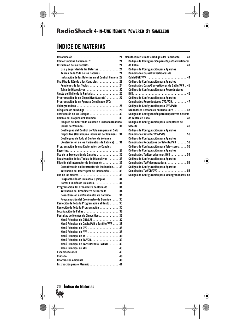 Índice de materias | Radio Shack Kameleon 4-in-One User Manual | Page 20 / 58