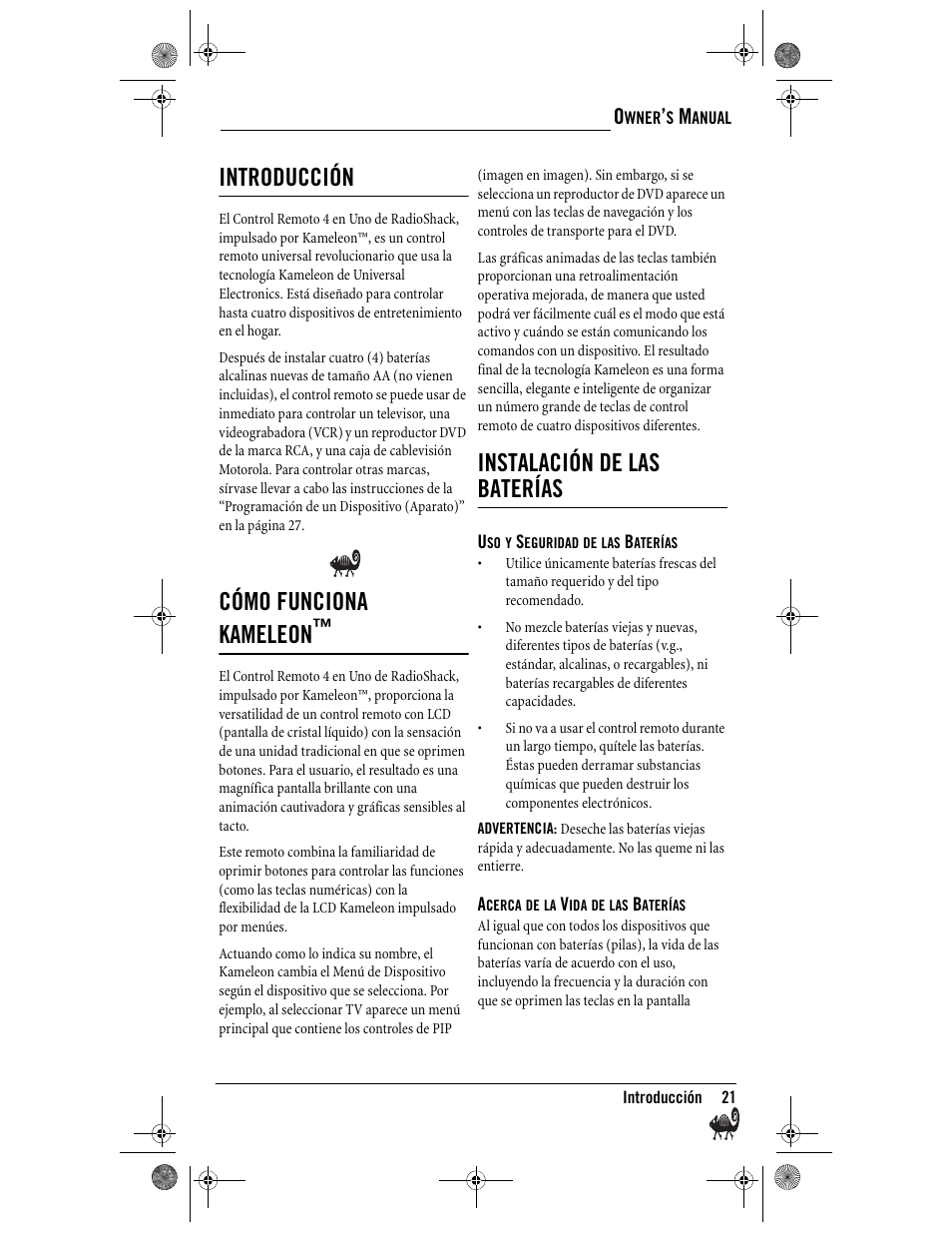 Introducción, Cómo funciona kameleon, Instalación de las baterías | Radio Shack Kameleon 4-in-One User Manual | Page 21 / 58