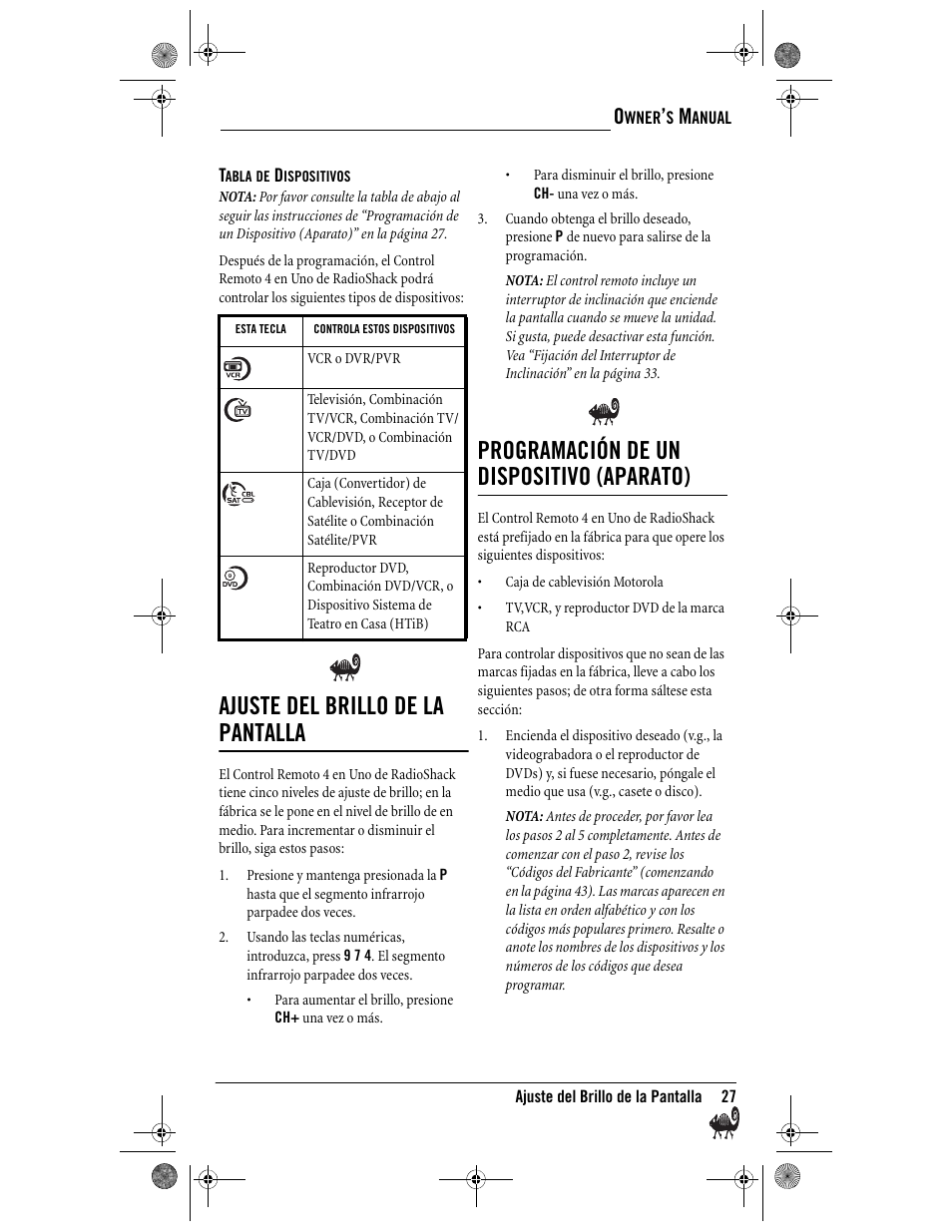 Ajuste del brillo de la pantalla, Programación de un dispositivo (aparato) | Radio Shack Kameleon 4-in-One User Manual | Page 27 / 58