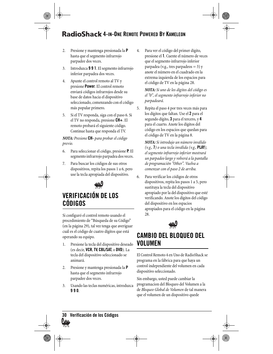 Verificación de los códigos, Cambio del bloqueo del volumen | Radio Shack Kameleon 4-in-One User Manual | Page 30 / 58