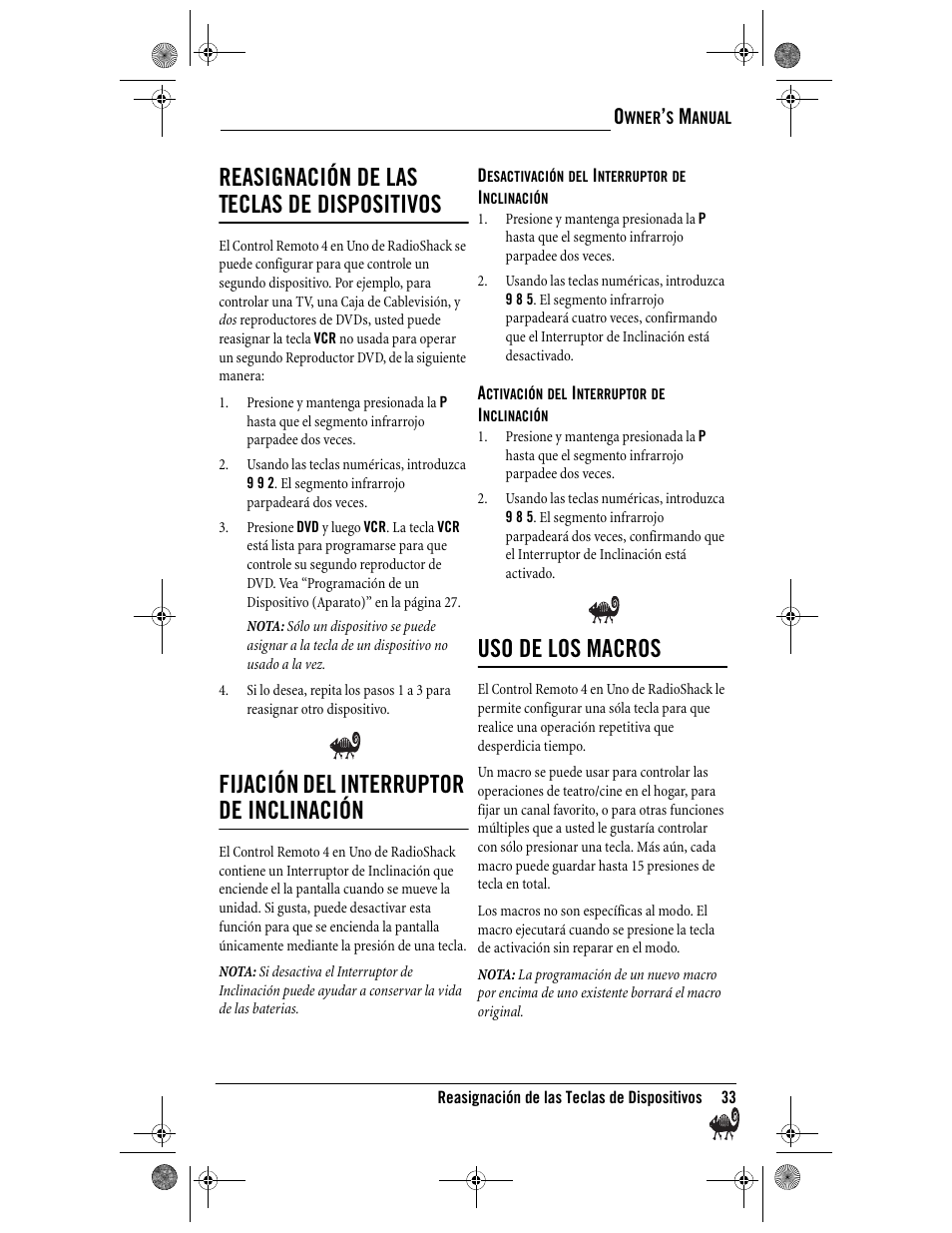 Reasignación de las teclas de dispositivos, Fijación del interruptor de inclinación, Uso de los macros | Radio Shack Kameleon 4-in-One User Manual | Page 33 / 58