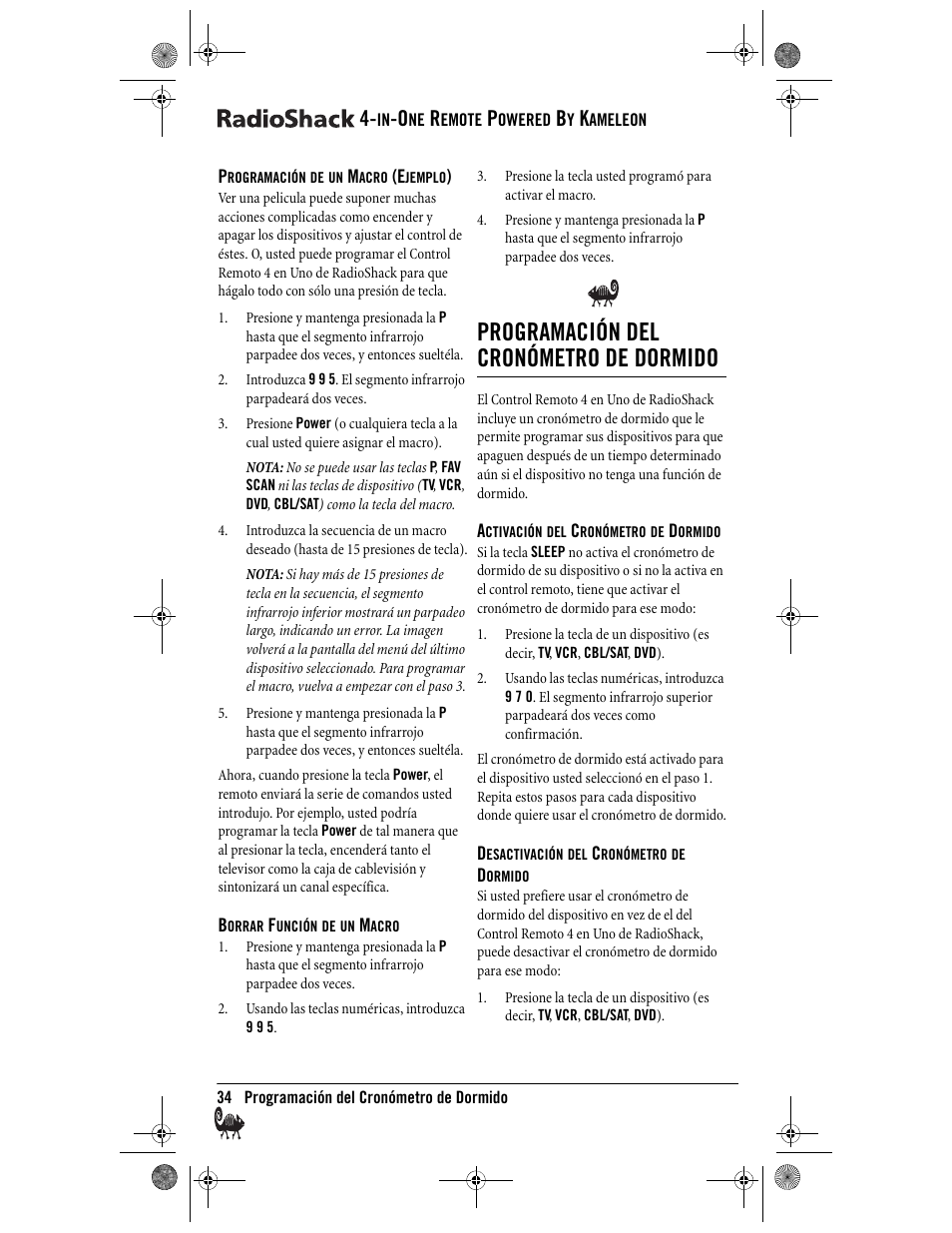 Programación del cronómetro de dormido | Radio Shack Kameleon 4-in-One User Manual | Page 34 / 58