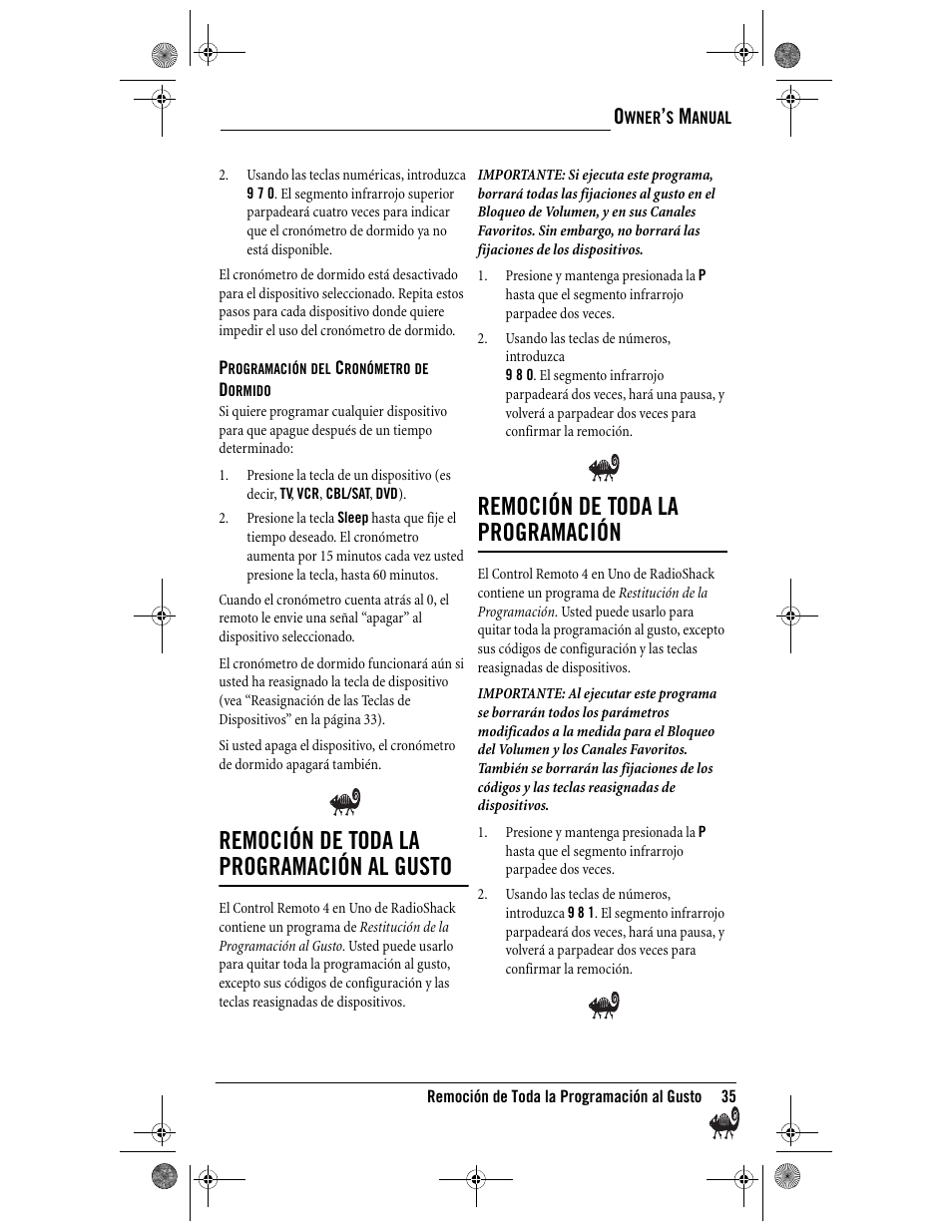 Remoción de toda la programación al gusto, Remoción de toda la programación | Radio Shack Kameleon 4-in-One User Manual | Page 35 / 58