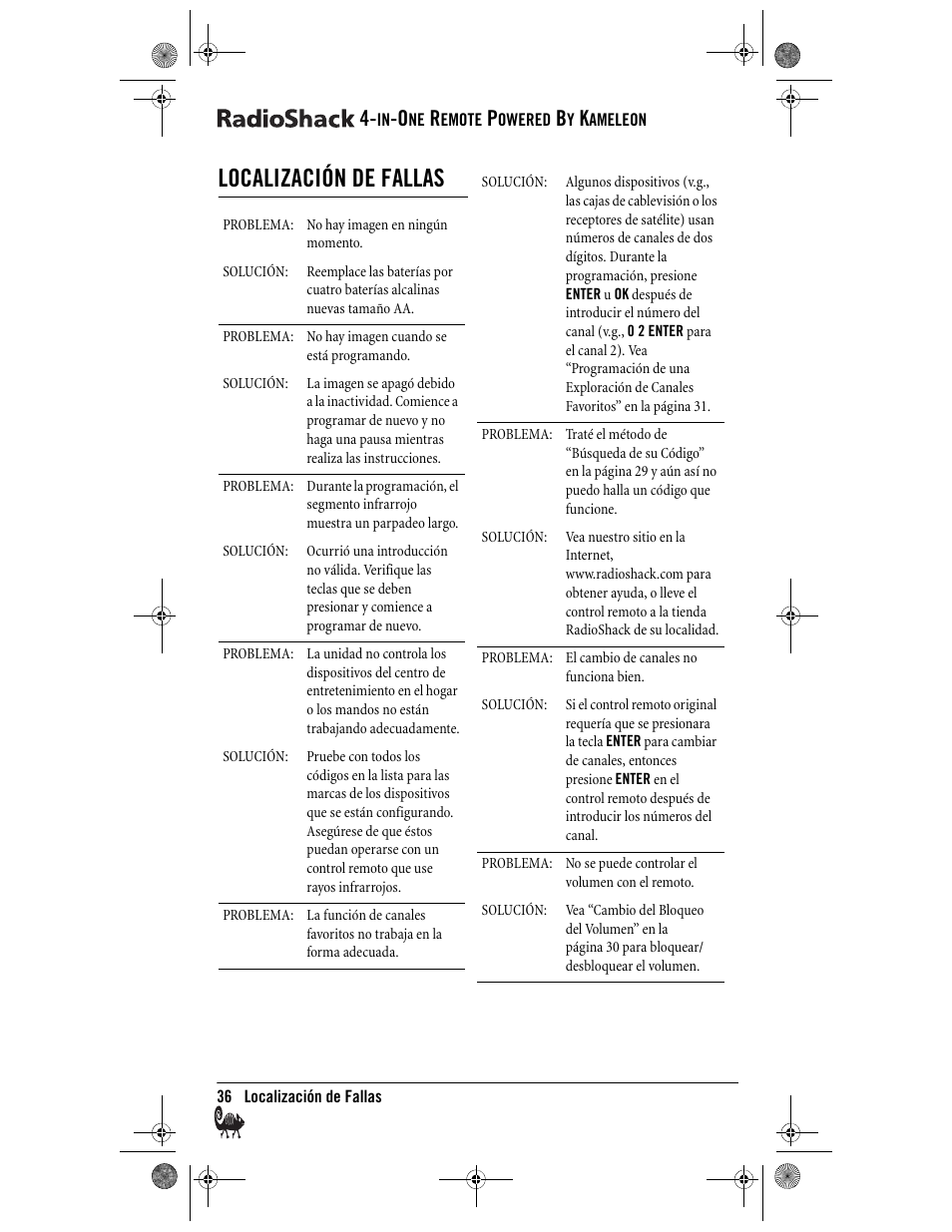 Localización de fallas | Radio Shack Kameleon 4-in-One User Manual | Page 36 / 58