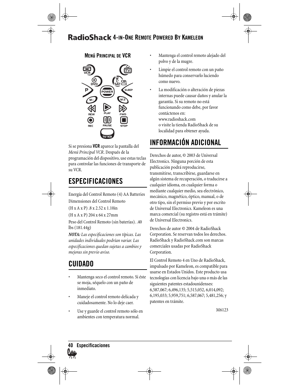Especificaciones, Cuidado, Información adicional | Radio Shack Kameleon 4-in-One User Manual | Page 40 / 58