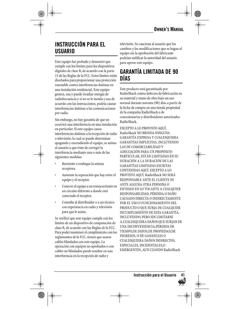 Instrucción para el usuario, Garantía limitada de 90 días | Radio Shack Kameleon 4-in-One User Manual | Page 41 / 58
