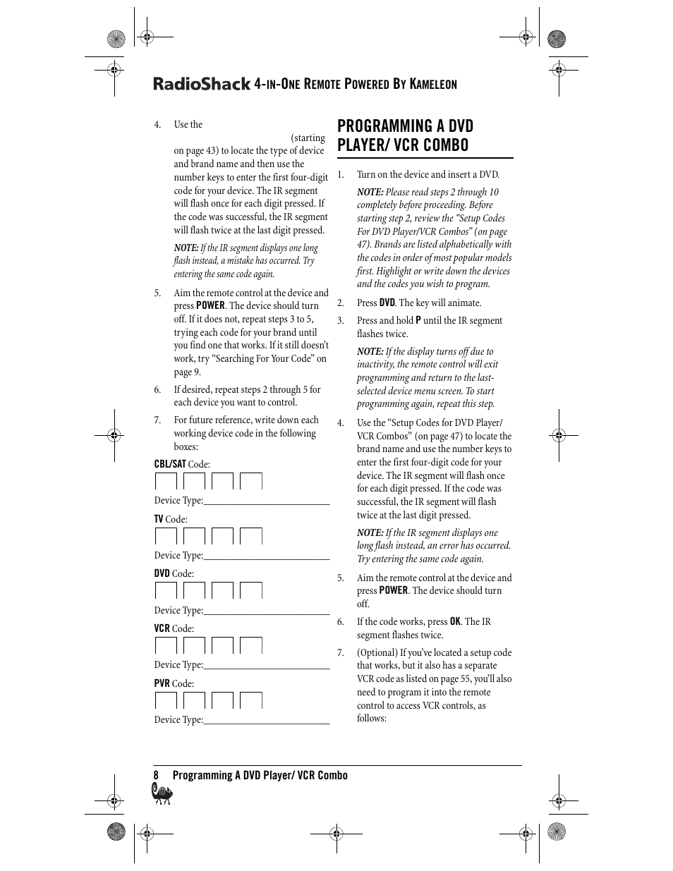 Programming a dvd player/ vcr combo | Radio Shack Kameleon 4-in-One User Manual | Page 8 / 58