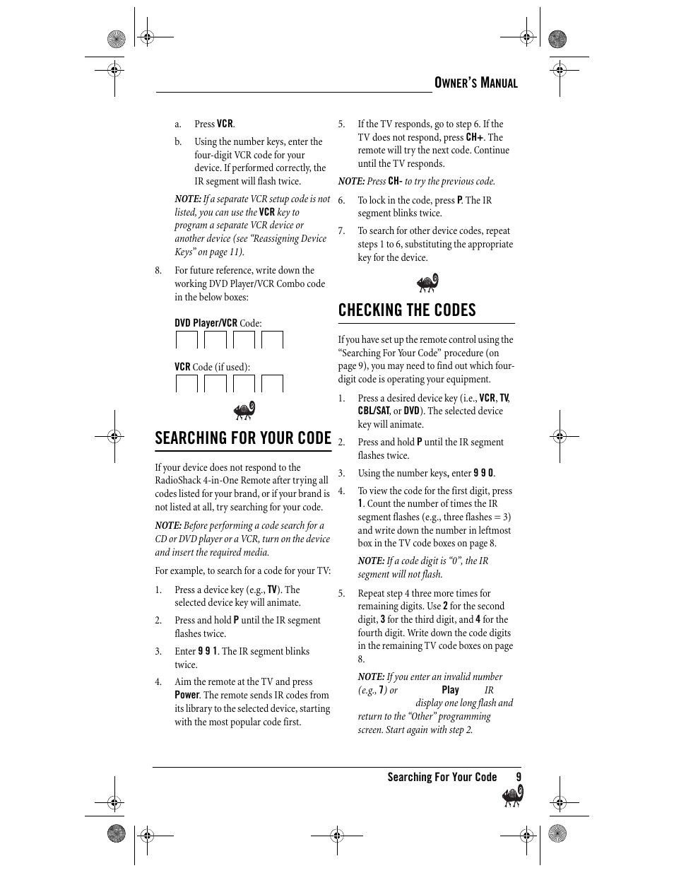 Searching for your code, Checking the codes | Radio Shack Kameleon 4-in-One User Manual | Page 9 / 58