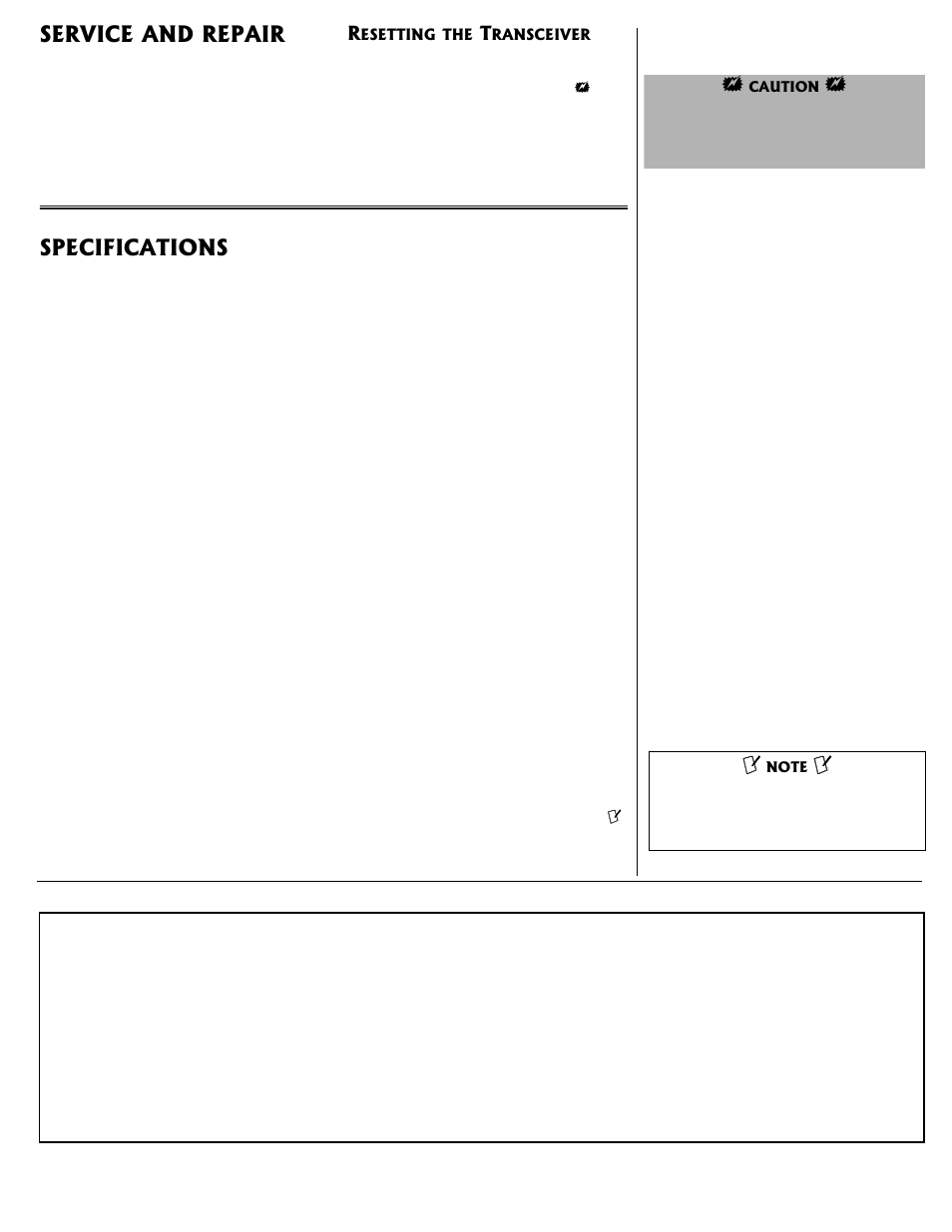 Service and repair, Resetting the transceiver, Specifications | Radio Shack HTX-420 User Manual | Page 11 / 11