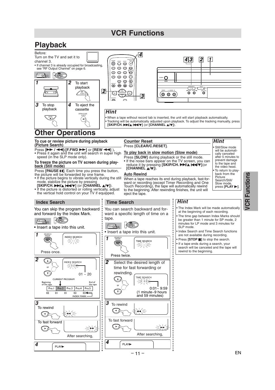 Playback, Other operations, Vcr functions | Hint, Index search, Time search | Radio Shack DVD / VCR User Manual | Page 11 / 28