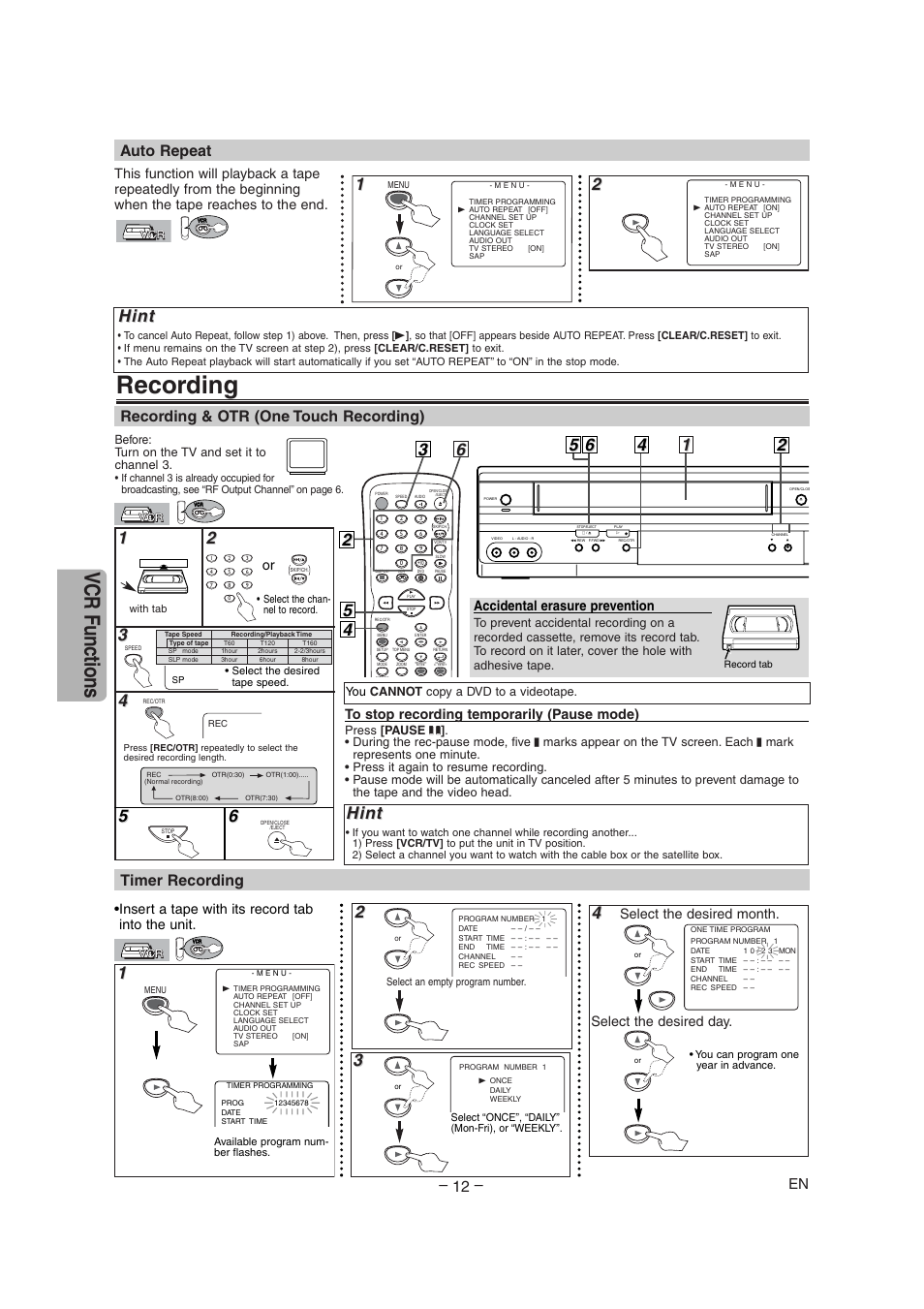 Recording, Vcr functions, Hint | Recording & otr (one touch recording), Auto repeat, Timer recording, Accidental erasure prevention, Select the desired month. select the desired day | Radio Shack DVD / VCR User Manual | Page 12 / 28