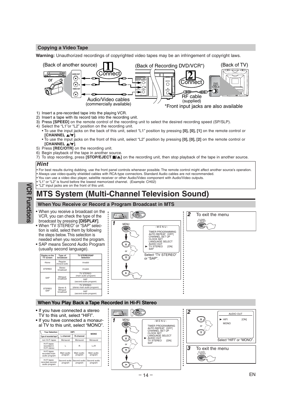 Mts system (multi-channel television sound), Vcr functions, Connect | Hint, Audio/video cables, Rf cable, Front input jacks are also available, Copying a video tape, Commercially available), Supplied) | Radio Shack DVD / VCR User Manual | Page 14 / 28