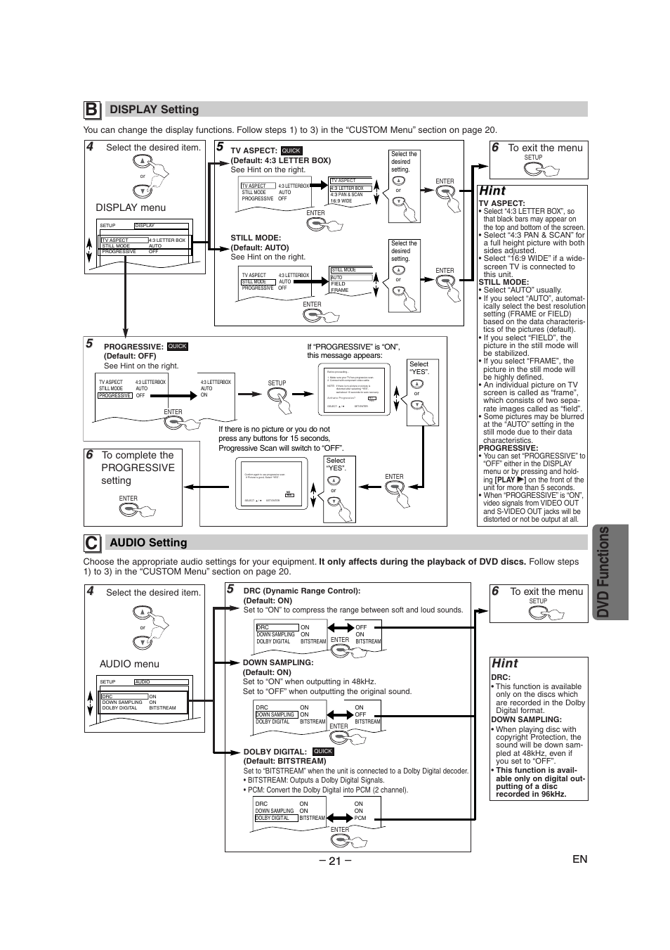 Dvd functions, 5hint hint, Hint | Display setting, Audio setting, Display menu, Audio menu | Radio Shack DVD / VCR User Manual | Page 21 / 28