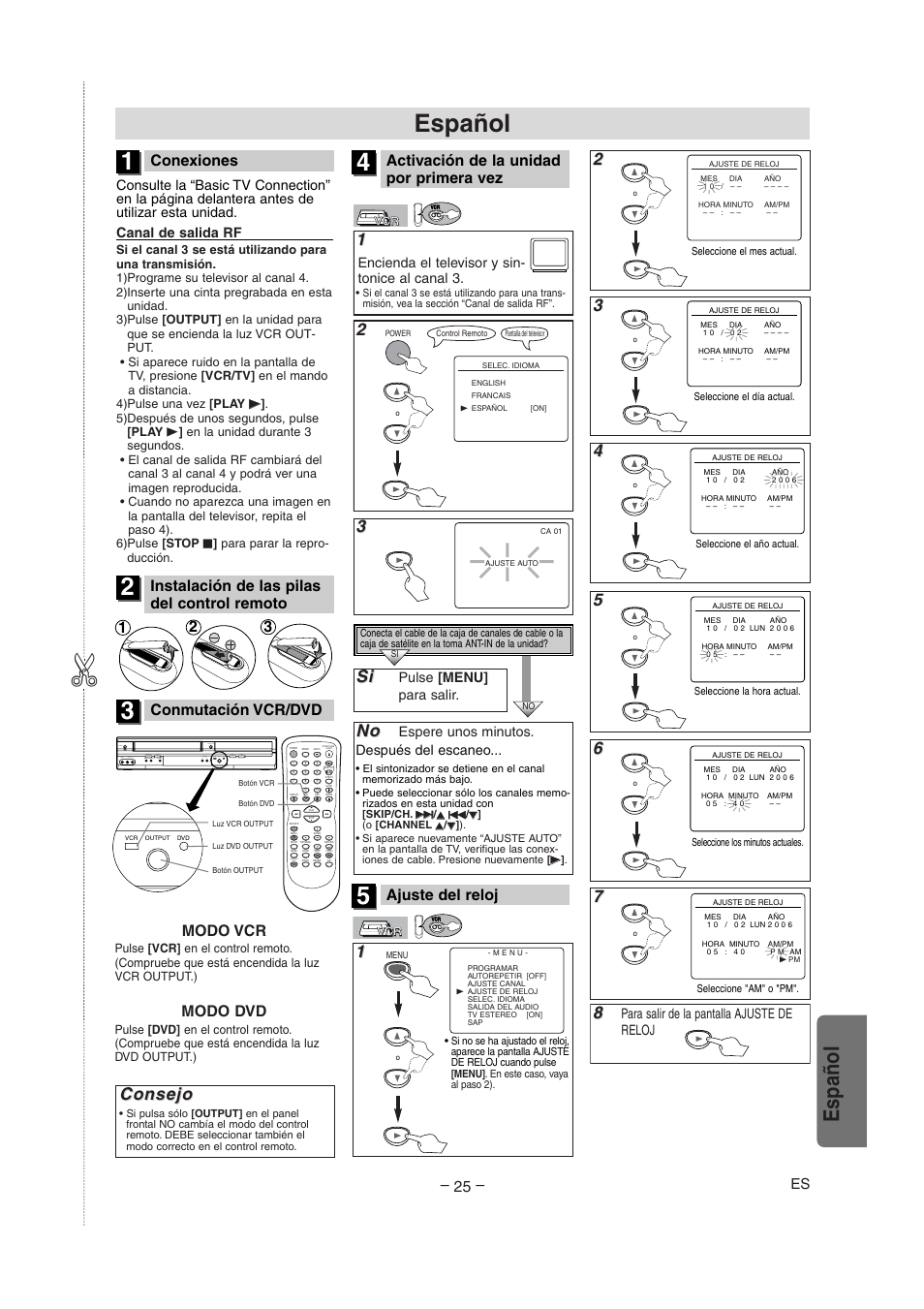 Español, Consejo, Conexiones | Ajuste del reloj, Conmutación vcr/dvd, Instalación de las pilas del control remoto, Activación de la unidad por primera vez, Modo vcr, Modo dvd, Subtitle t-set | Radio Shack DVD / VCR User Manual | Page 25 / 28