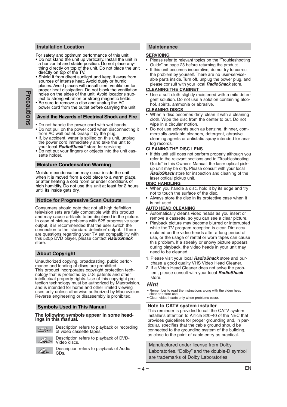 Precautions | Radio Shack DVD / VCR User Manual | Page 4 / 28