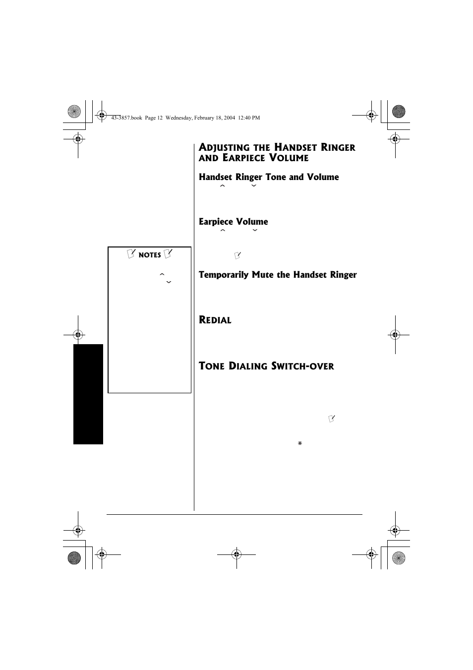 Adjusting the handset ringer and, Earpiece volume, Ringer | Redial tone dialing switch-over | Radio Shack 43-3857 User Manual | Page 12 / 44