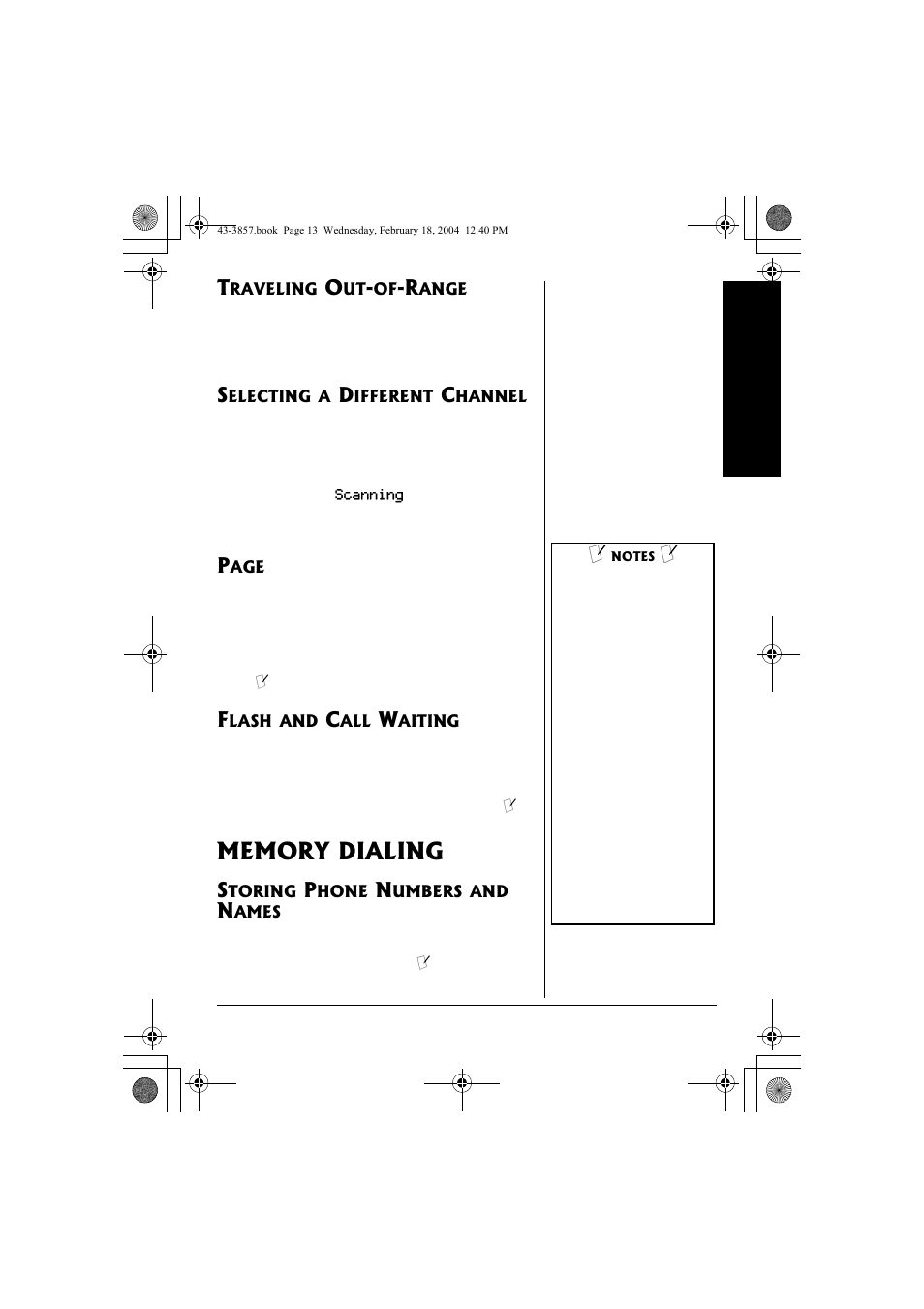 Memory dialing, Storing phone numbers and, Names | Radio Shack 43-3857 User Manual | Page 13 / 44