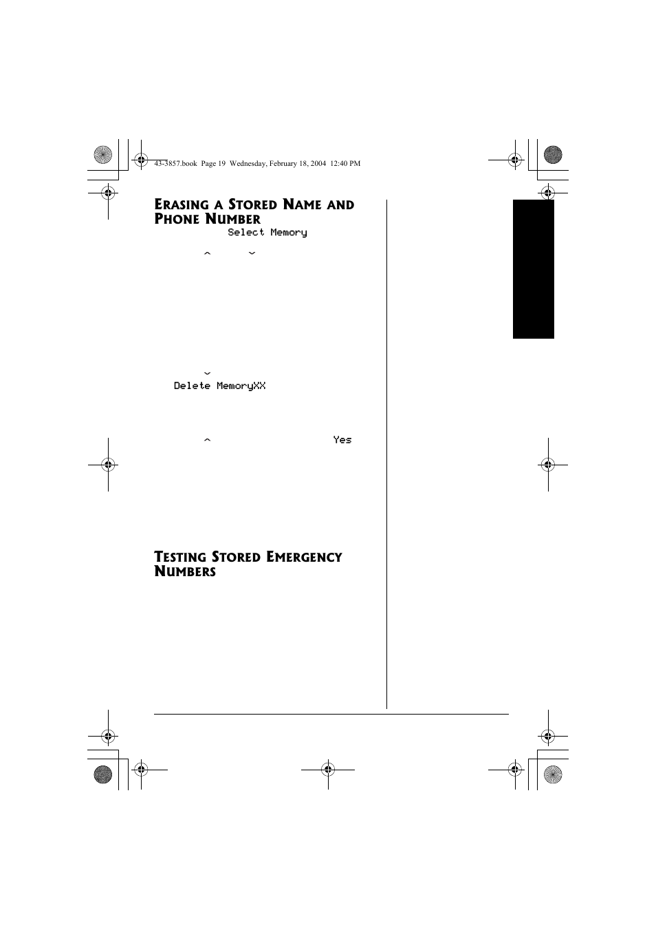 Erasing a stored name and phone, Number, Testing stored emergency numbers | Radio Shack 43-3857 User Manual | Page 19 / 44