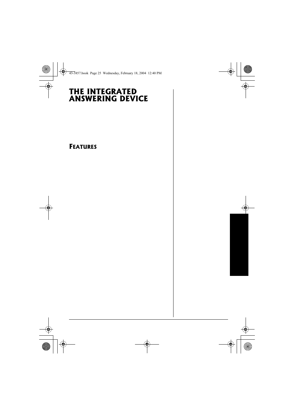 The integrated answering device, Features | Radio Shack 43-3857 User Manual | Page 25 / 44